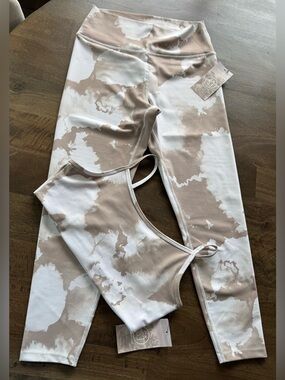 Beige and White Tie-Dye Active Legging and Crop Top Set